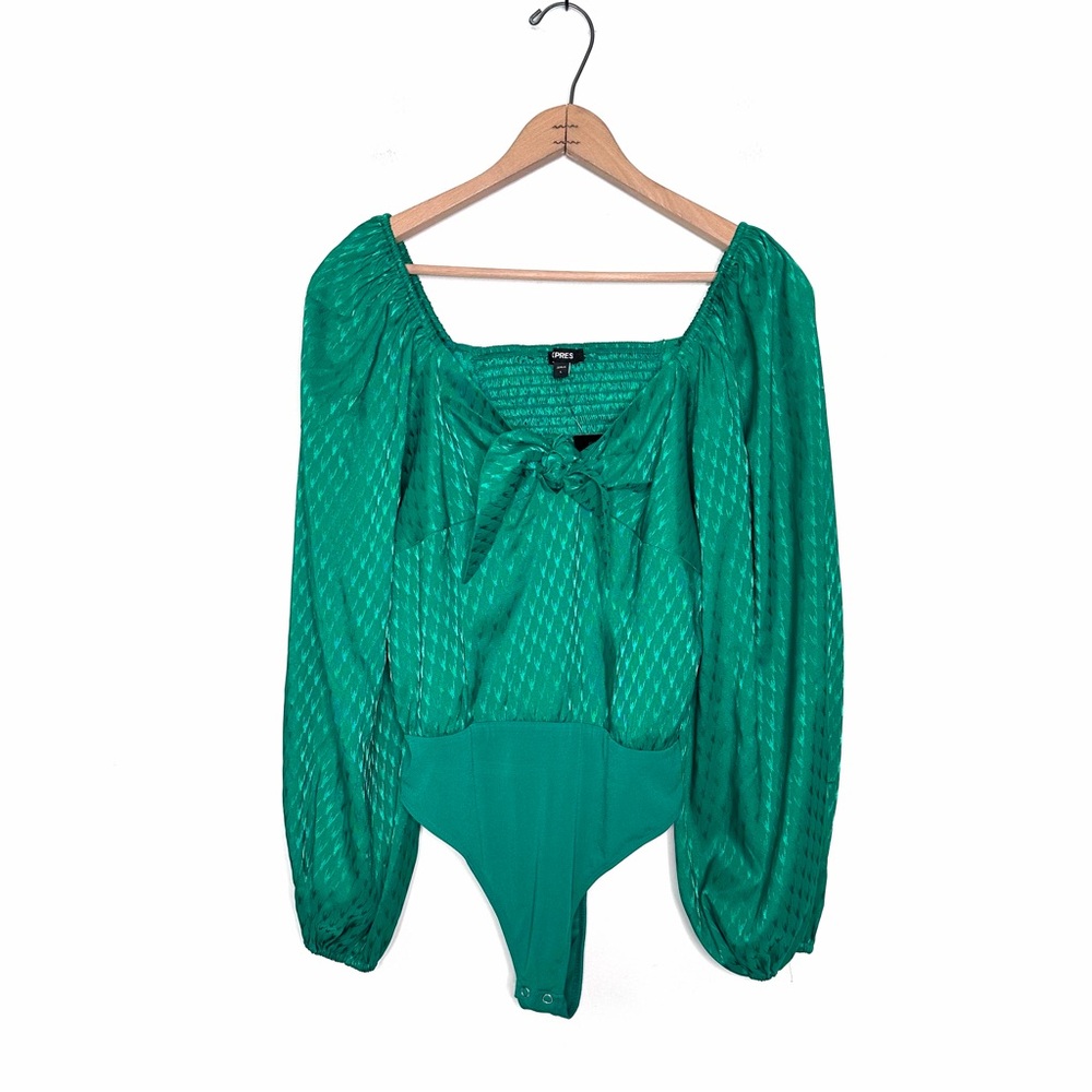 Express Green Satin Houndstooth Print Long Sleeve Bodysuit Size Large NWT